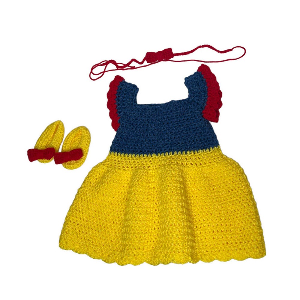 Handmade Baby Girl Crochet Snow White Halloween Costume Princess Dress Bow Shoes